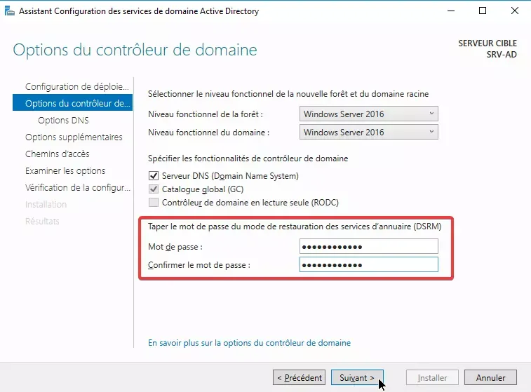 Un mot de passe doit être spécifié