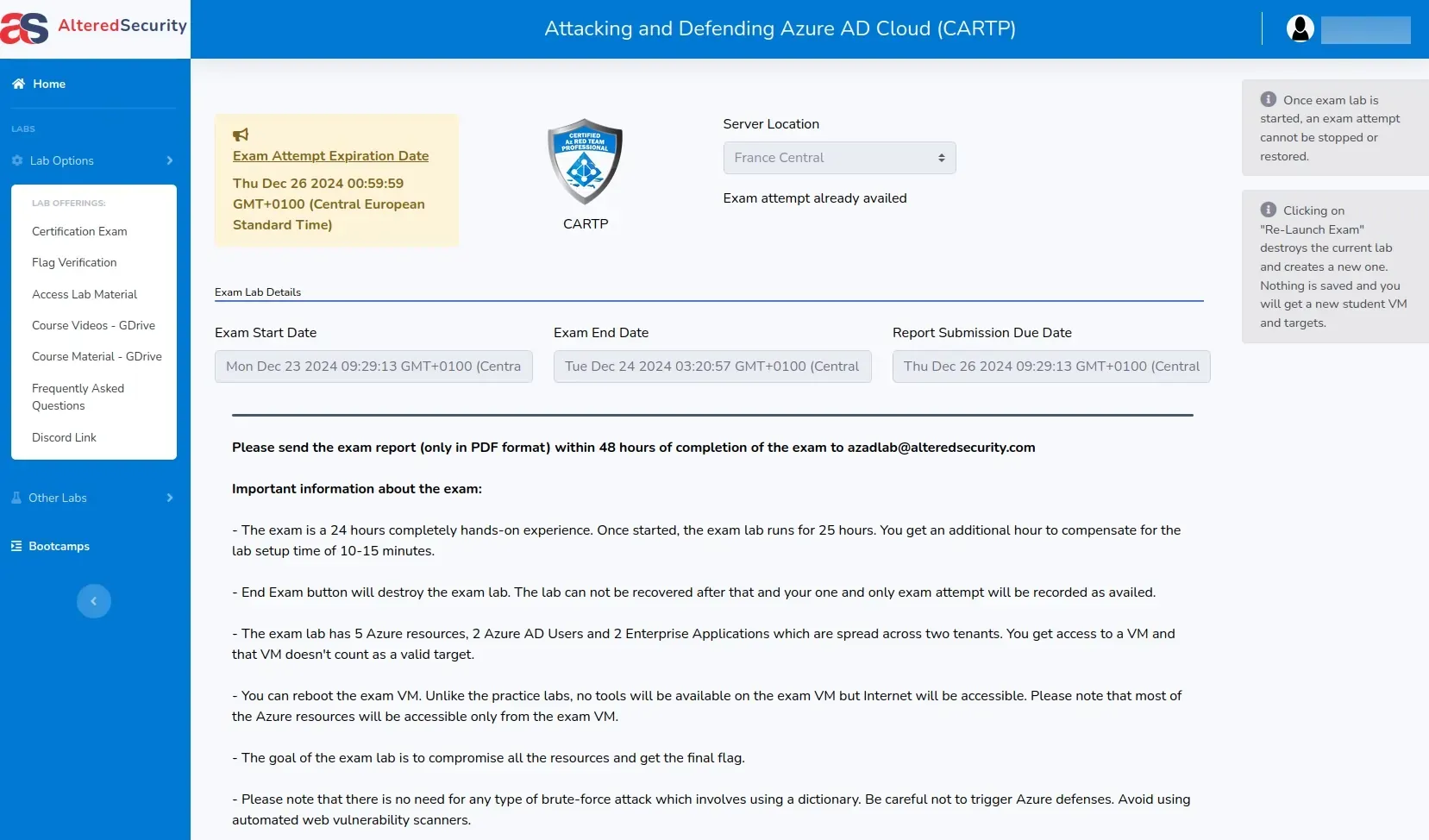 Interface de la plateforme d'apprentissage d'Altered Security